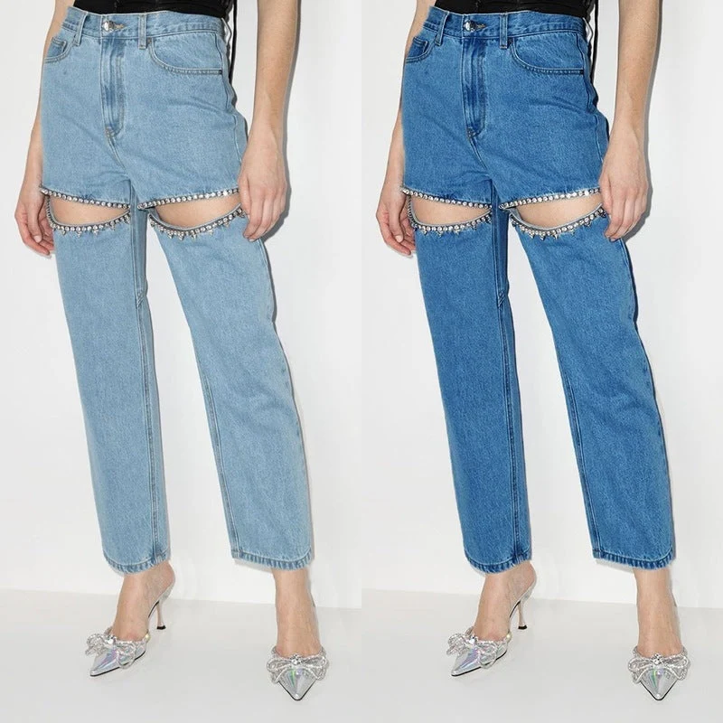 Jean femme taille haute coupe droite avec découpes urbaines - Image 4