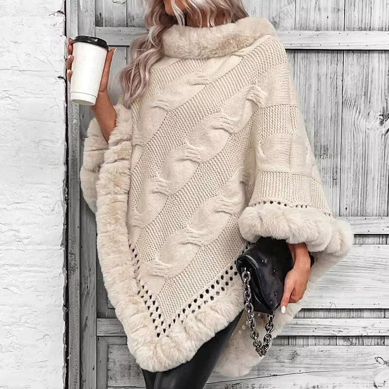 Poncho oversize maille torsadée avec bordure imitation fourrure - Image 3