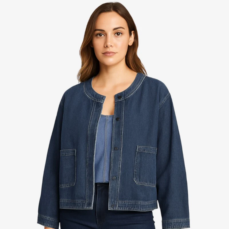 Veste femme en cuir boutonnée col rond