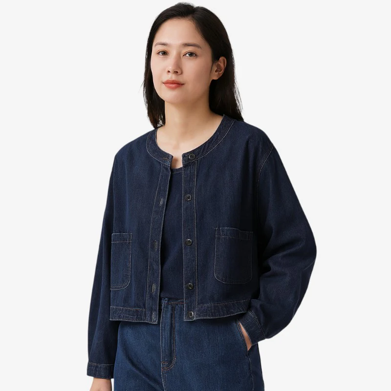 Veste femme en cuir boutonnée col rond - Image 2