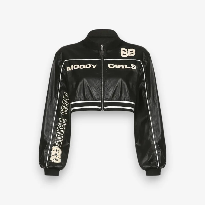 Veste en cuir col rond imprimé graphique