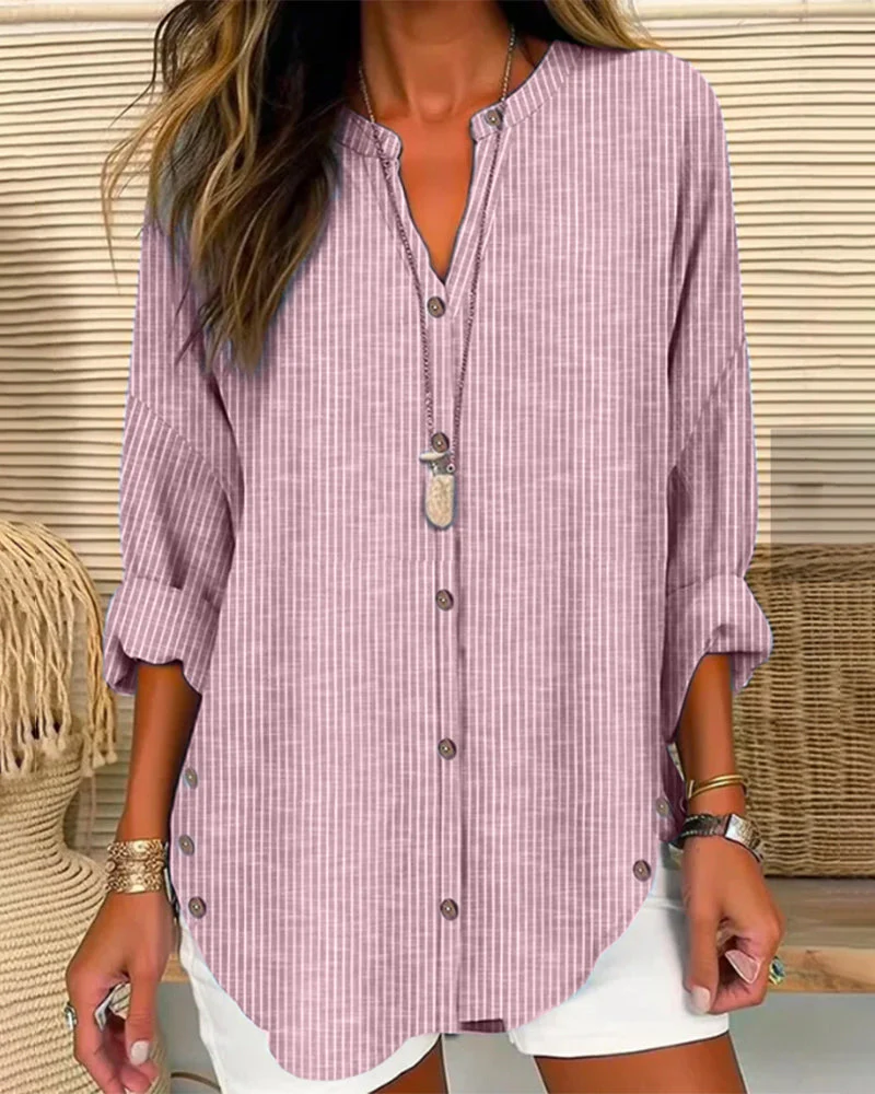Chemise femme boutonnée col rond manches retroussables - Image 2
