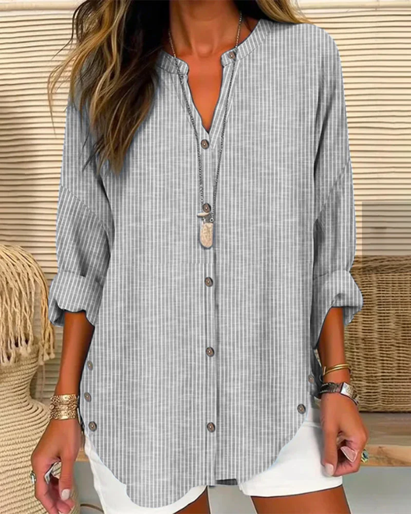 Chemise femme boutonnée col rond manches retroussables - Image 3