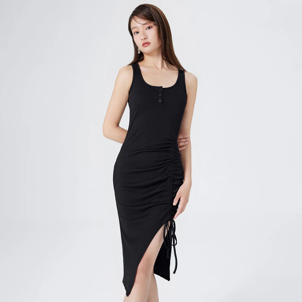 Robe sans manches décontractée avec boutons et plis latéraux ajustables - Image 3