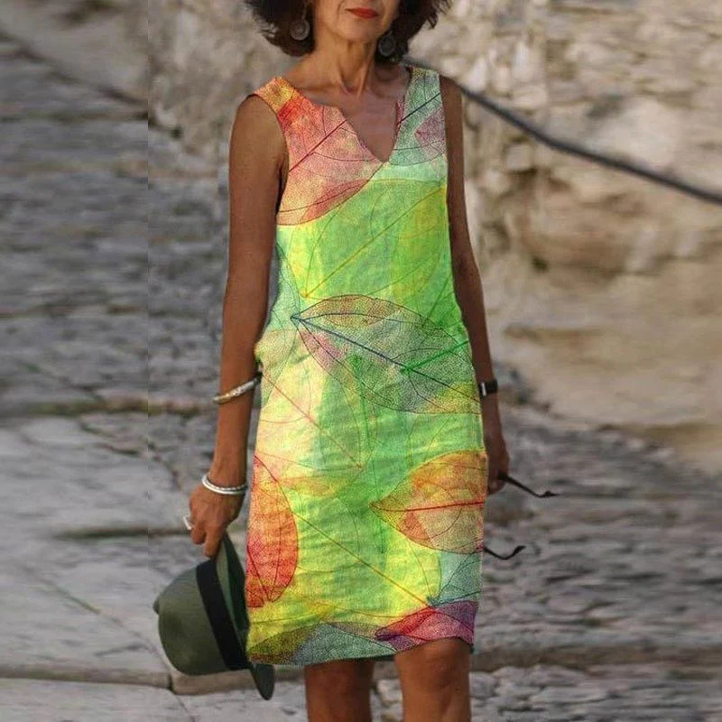 Robe Liana Décontractée Sans Manches à Motif Artistique de Feuilles