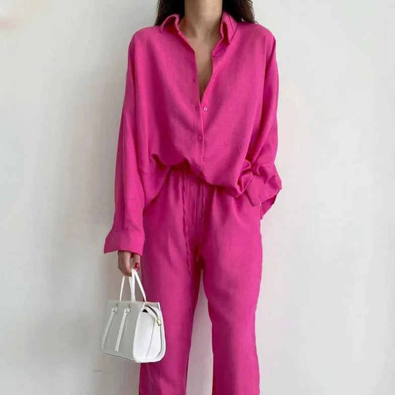 Ensemble 2 pièces femme chemise boutonnée oversize + pantalon large