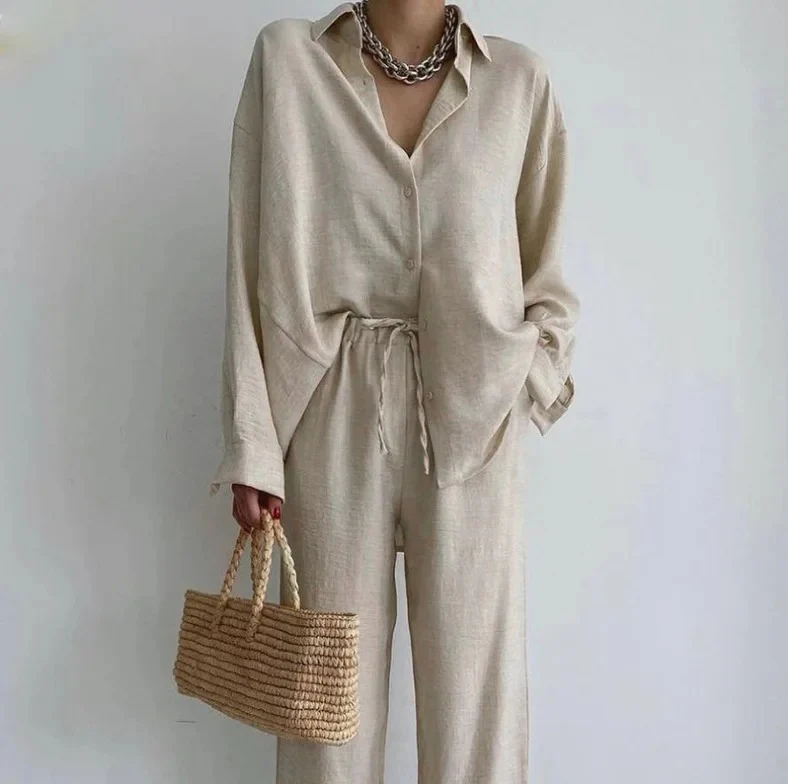 Ensemble 2 pièces femme chemise boutonnée oversize + pantalon large - Image 2