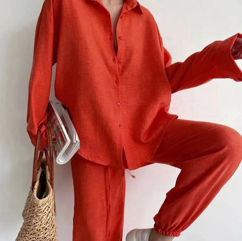 Ensemble 2 pièces femme chemise boutonnée oversize + pantalon large - Image 3