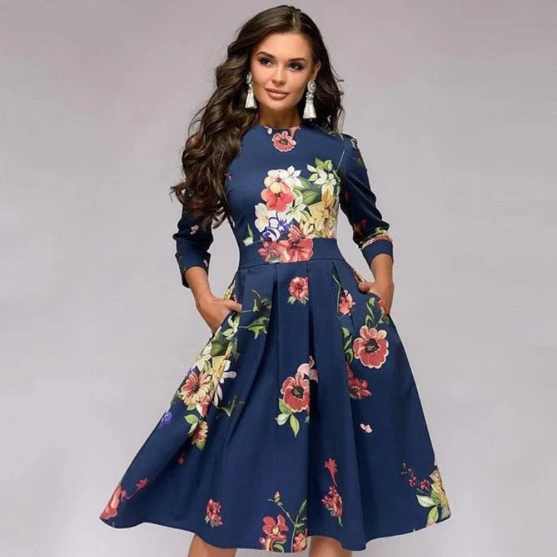 Robe Midi Classique avec Coupe A-Line et Poches Latérales - Image 5