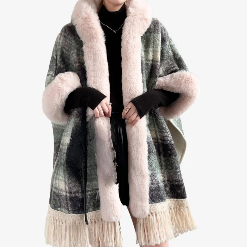 Manteau femme à carreaux col châle en fausse fourrure - Image 4