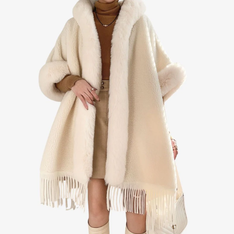 Manteau femme à carreaux col châle en fausse fourrure - Image 5