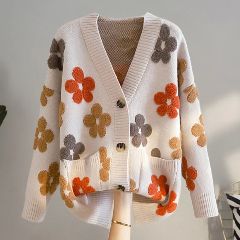 Luisa – Gilet fleuri à col en V, manches longues et fermeture boutonnée sur le devant