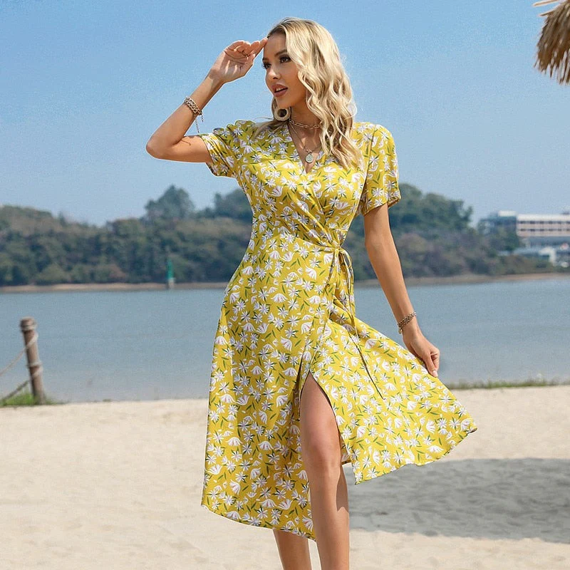Lyla - Robe longue imprimée florale avec col en V et manches courtes - Image 3