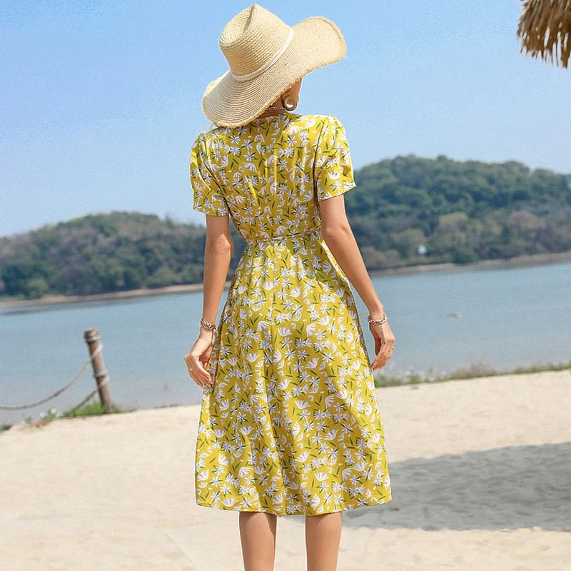 Lyla - Robe longue imprimée florale avec col en V et manches courtes - Image 4