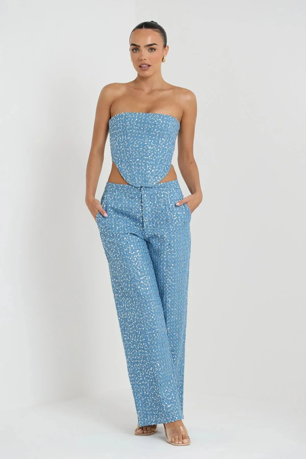 Ensemble femme 2 pièces haut décolleté sans manches + pantalon à poches - Image 2