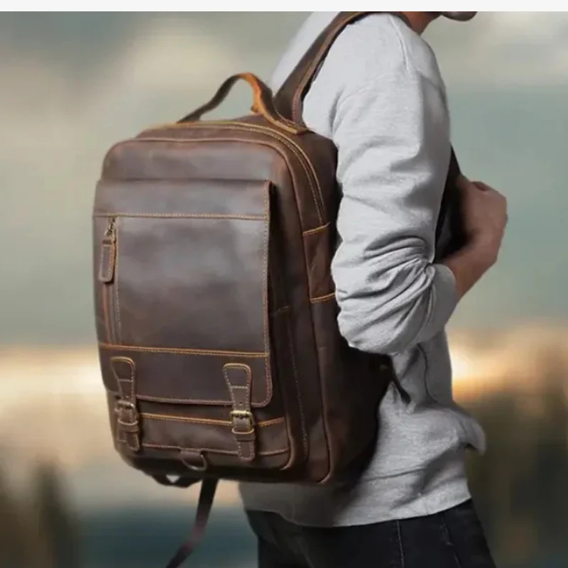 Grand sac à dos homme en cuir structuré avec poches zippées - Image 5
