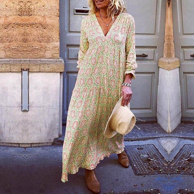Robe Longue Maya Imprimée à Encolure en V et Silhouette Fluide