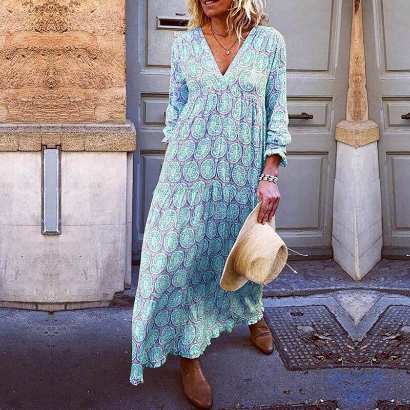 Robe Longue Maya Imprimée à Encolure en V et Silhouette Fluide - Image 3