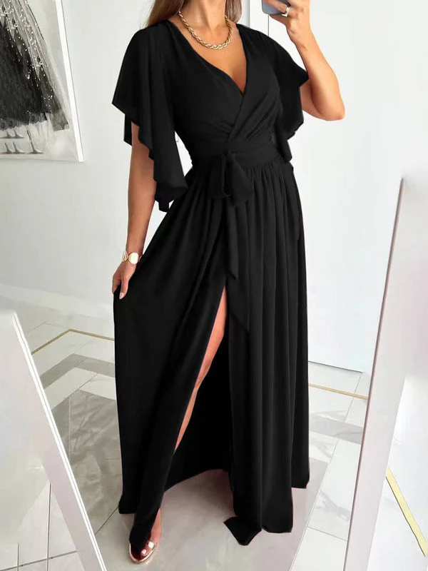 Robe longue Melora col V manches courtes