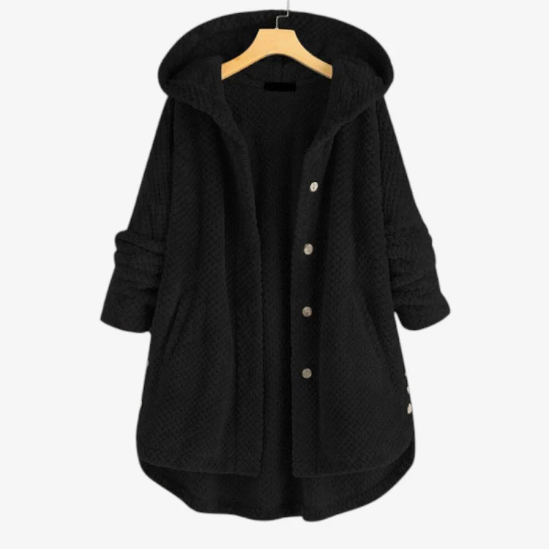 Veste femme à capuche manches longues avec poches et fermeture à boutons