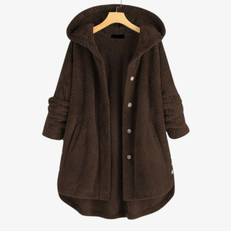 Veste femme à capuche manches longues avec poches et fermeture à boutons - Image 2