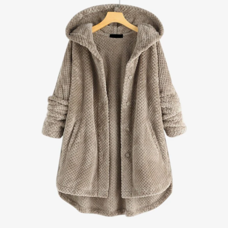 Veste femme à capuche manches longues avec poches et fermeture à boutons - Image 3