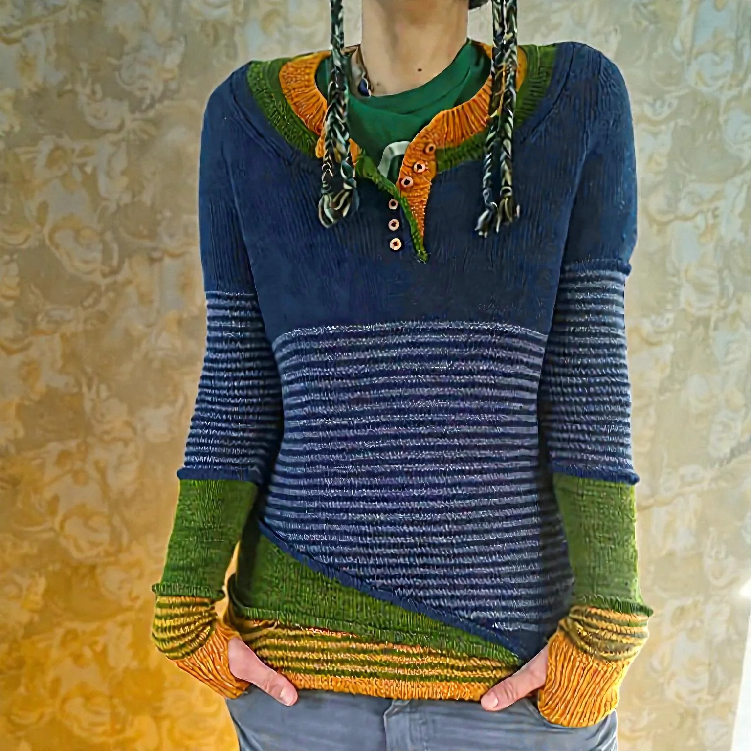 Pull femme ample col rond imprimé avec boutons - Image 2