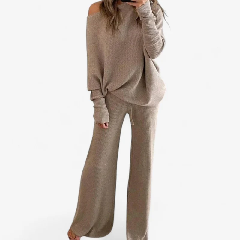 Ensemble femme 2 pièces haut décolleté manches longues + pantalon large - Image 2