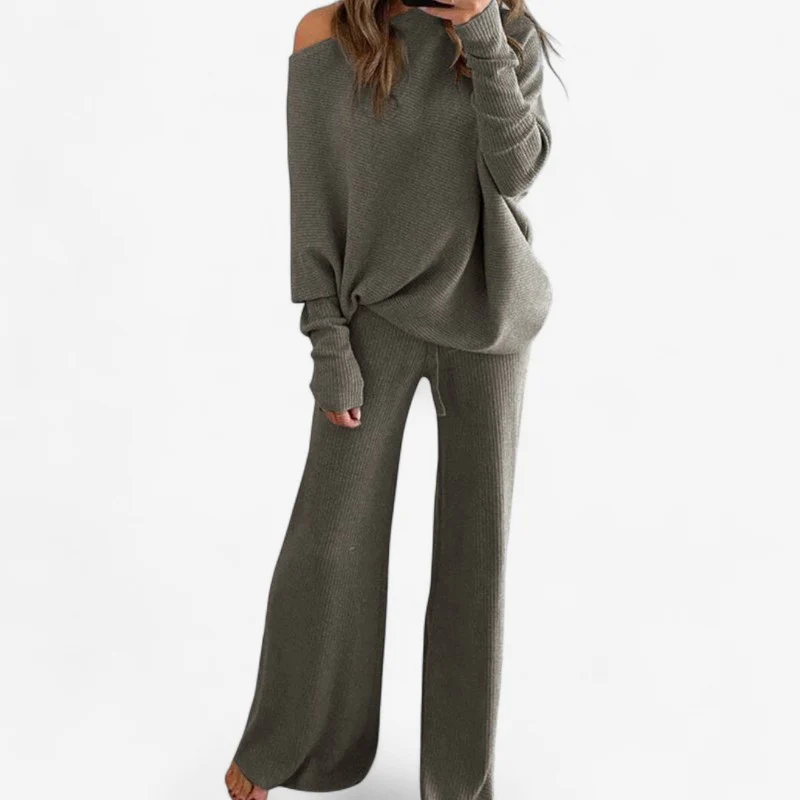 Ensemble femme 2 pièces haut décolleté manches longues + pantalon large - Image 3