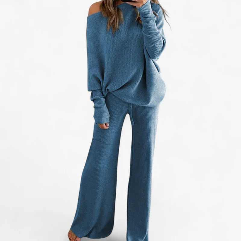 Ensemble femme 2 pièces haut décolleté manches longues + pantalon large - Image 4
