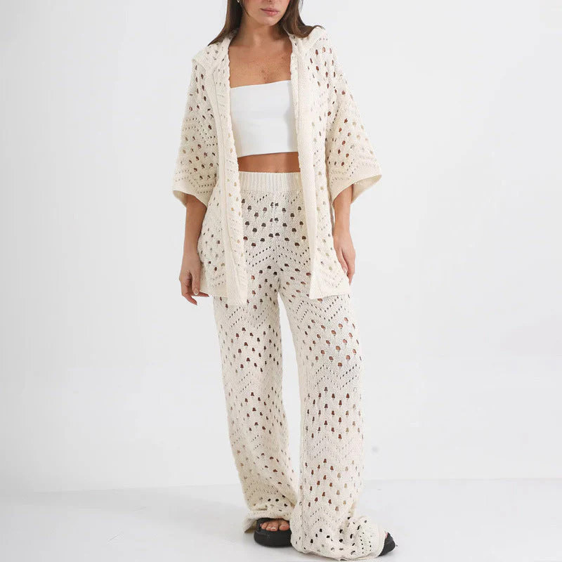 Nora – Ensemble deux pièces en maille confortable à motif chevron et pantalon à jambes larges