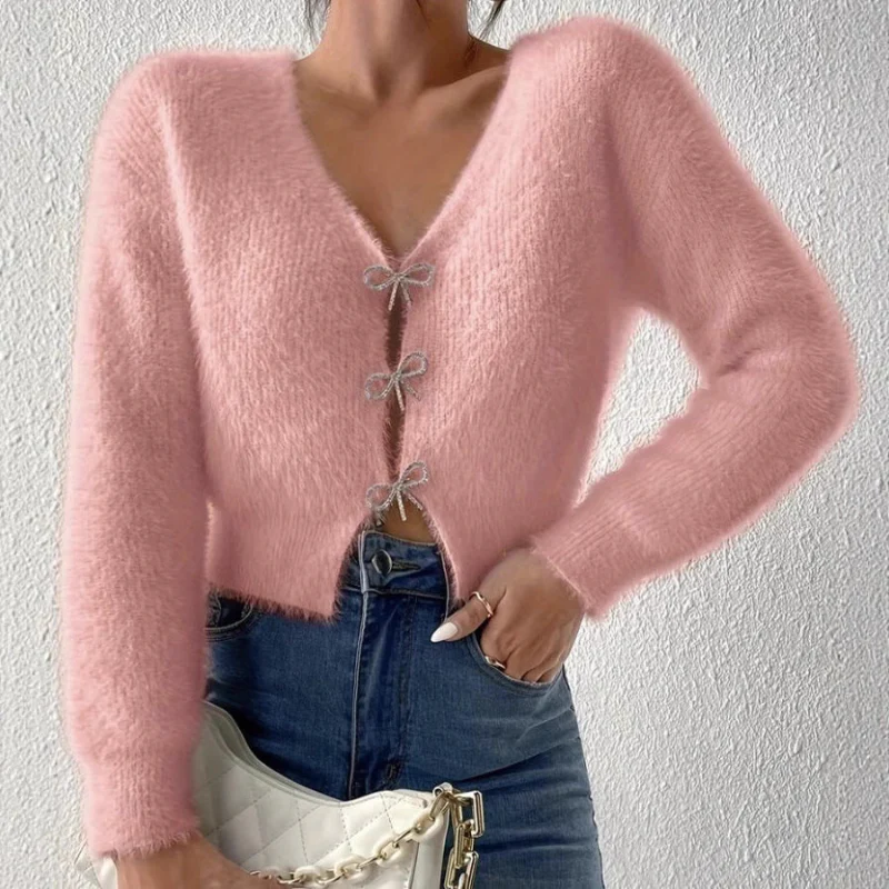 Pull col V femme manches longues avec boutons nœud - Image 4