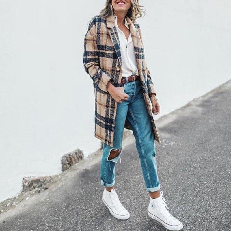 Manteau à carreaux Olivia coupe longue ajustée