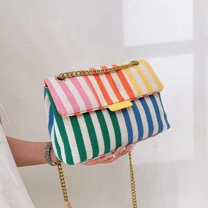 Sac à épaule femme toile rayures arc-en-ciel - Image 3
