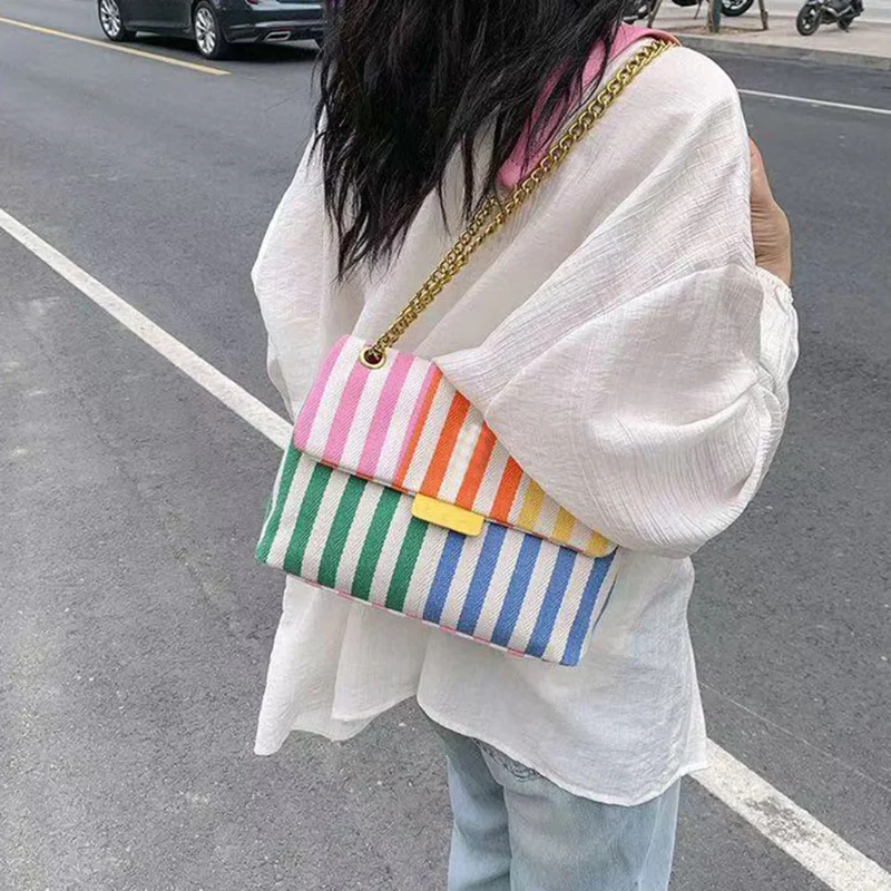 Sac à épaule femme toile rayures arc-en-ciel - Image 4