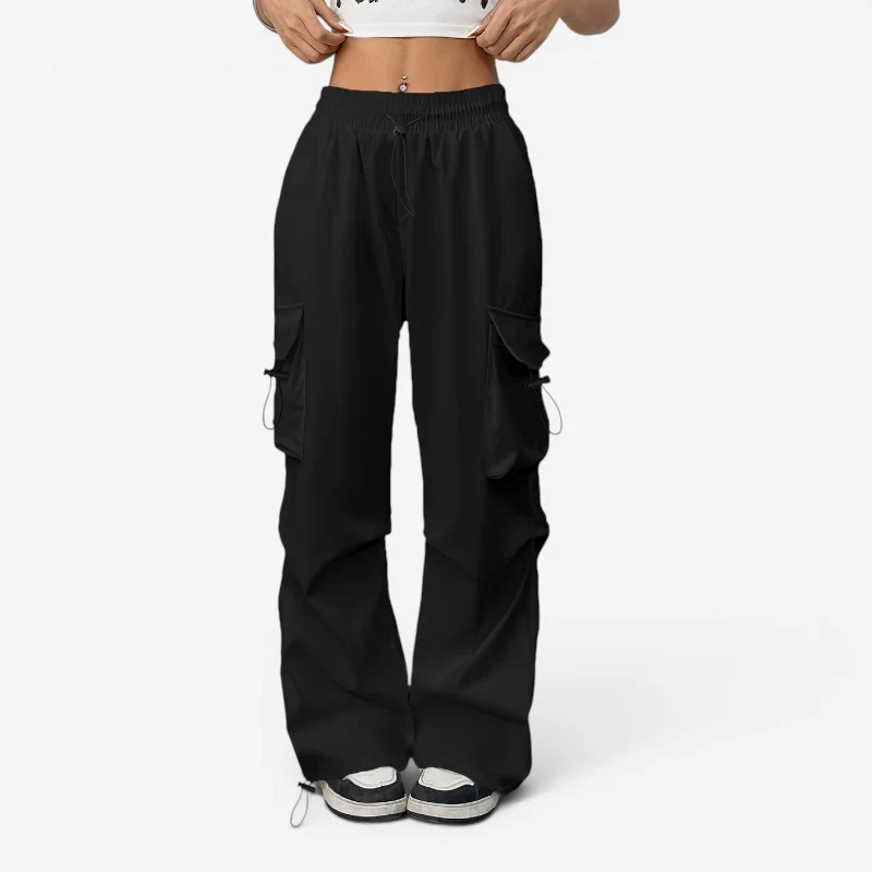 Pantalon large femme taille élastique avec cordon et poches