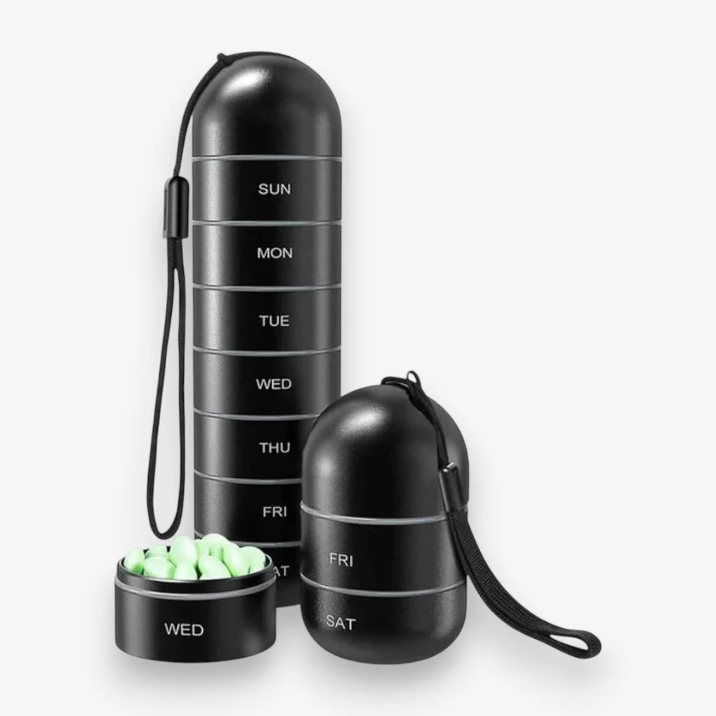 PillMate – Boîte de voyage pour pilules avec organiseur hebdomadaire et sangle