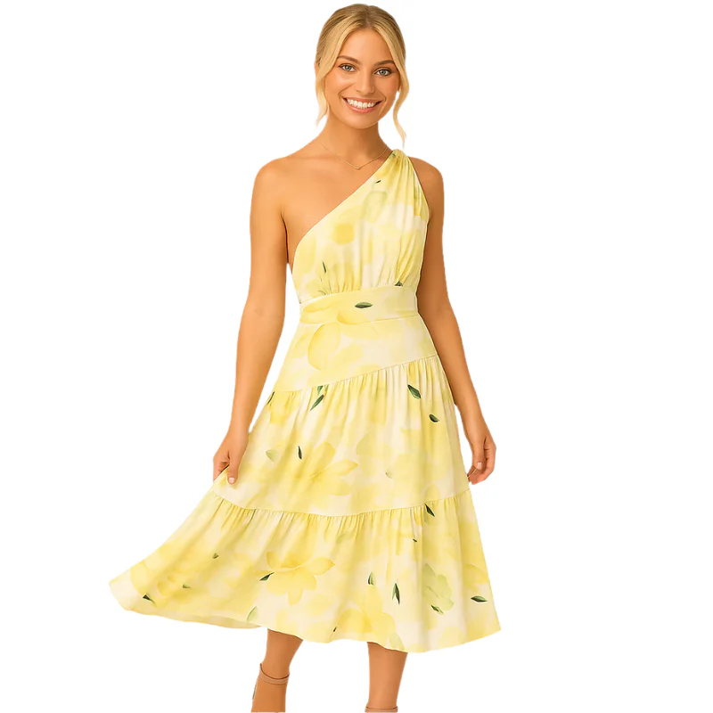Robe midi florale à épaule unique