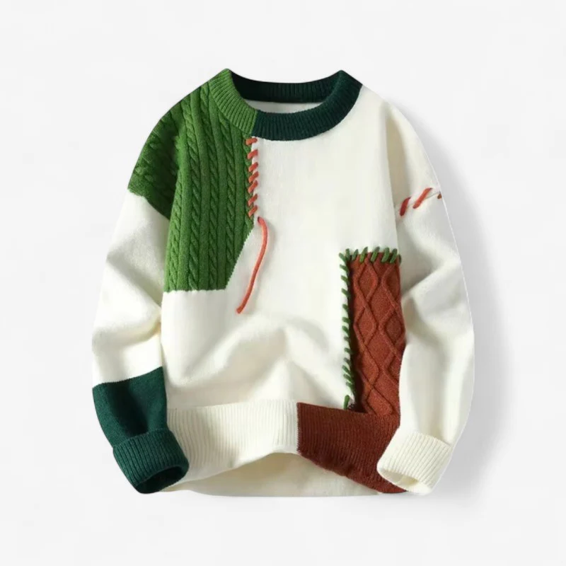 Pull homme ample col rond patchwork manches longues - Image 3