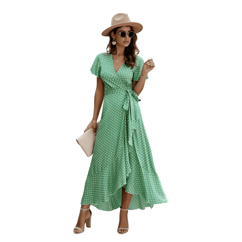 Robe imprimée manches courtes col V avec taille ceinturée
