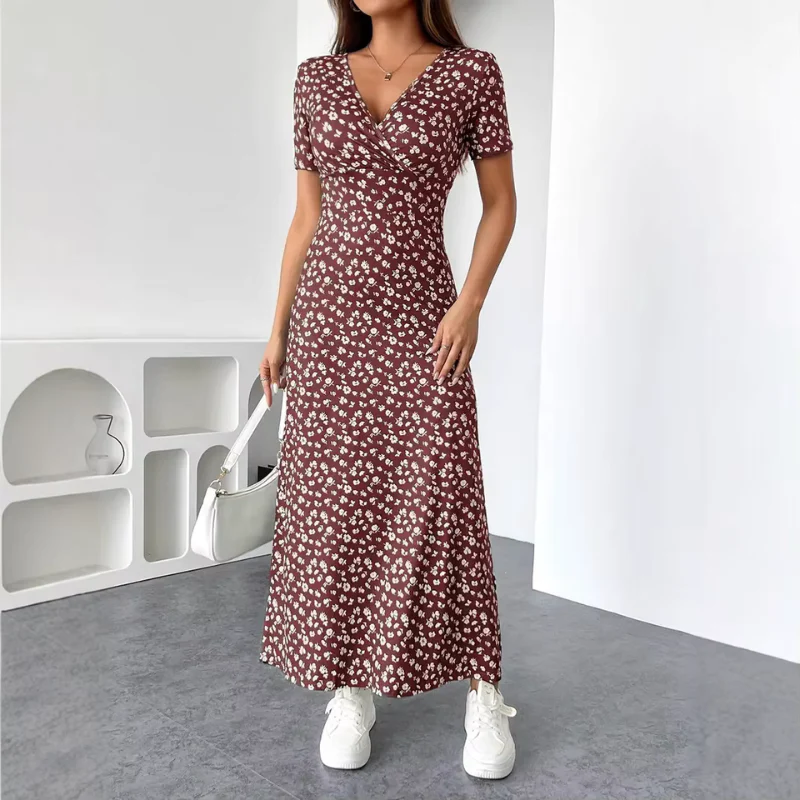 Robe Midi Fleurie Femme avec Col en V - Image 9