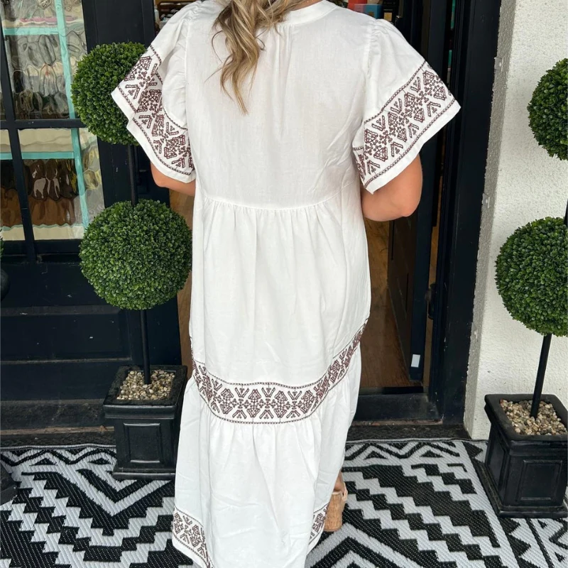 Robe midi imprimée à col en V et coupe ample - Image 12