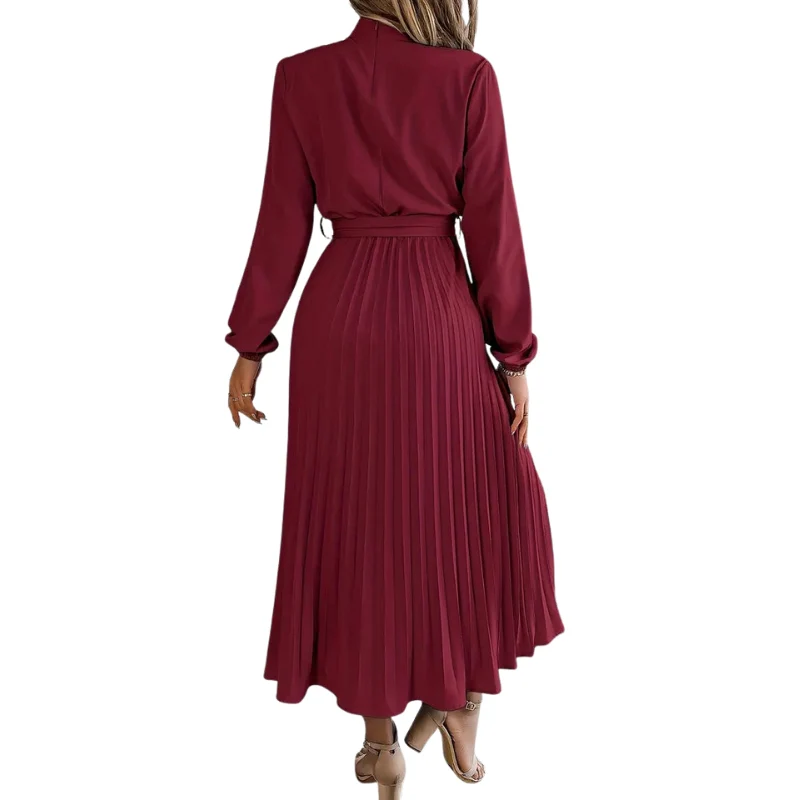 Robe mi-longue plissée manches longues avec taille ceinturée - Image 10