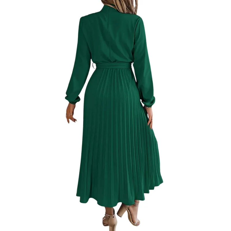Robe mi-longue plissée manches longues avec taille ceinturée - Image 12