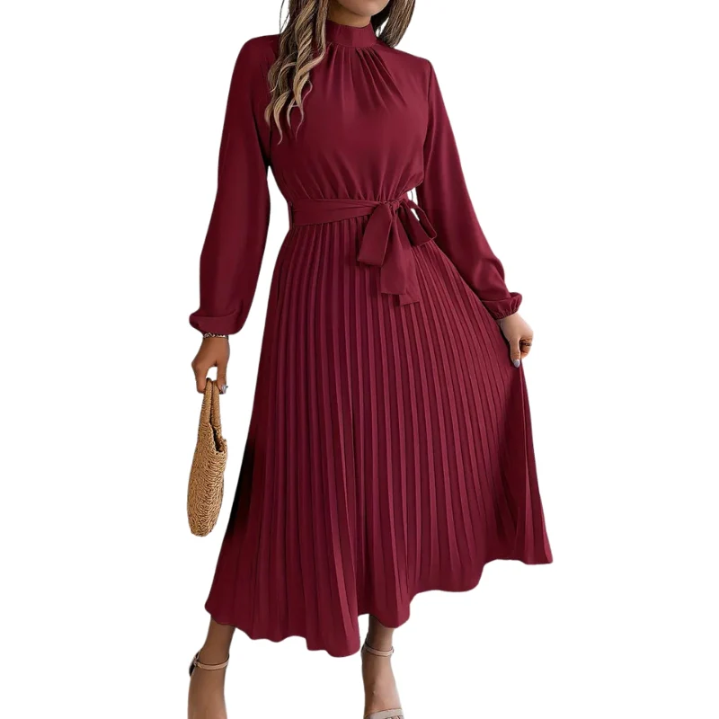 Robe mi-longue plissée manches longues avec taille ceinturée - Image 3