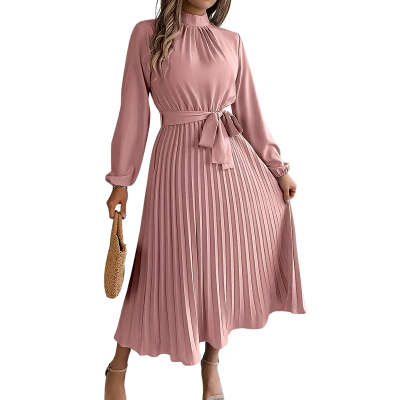 Robe mi-longue plissée manches longues avec taille ceinturée - Image 4