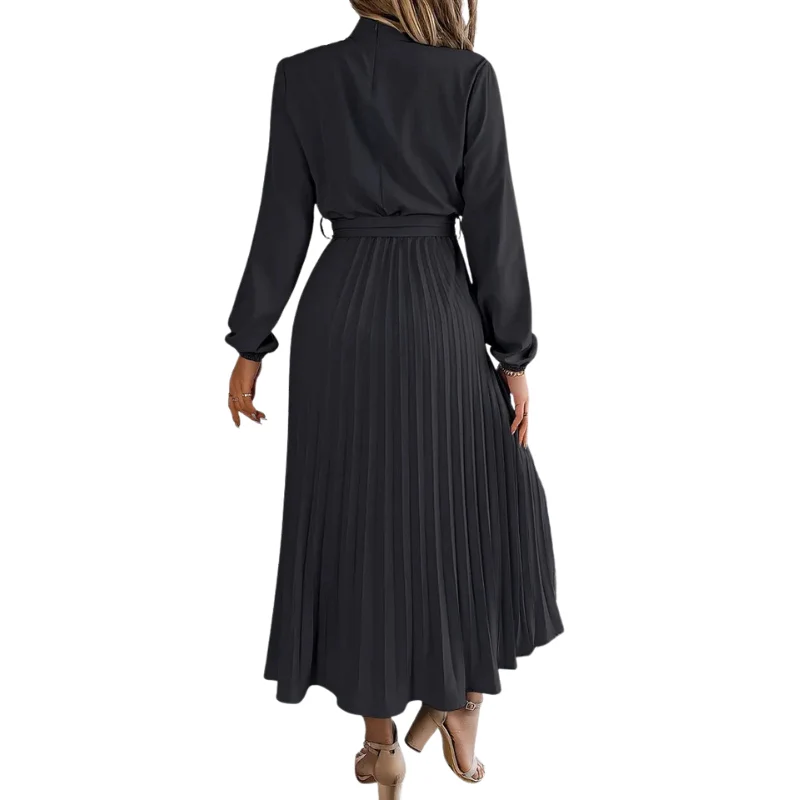 Robe mi-longue plissée manches longues avec taille ceinturée - Image 7