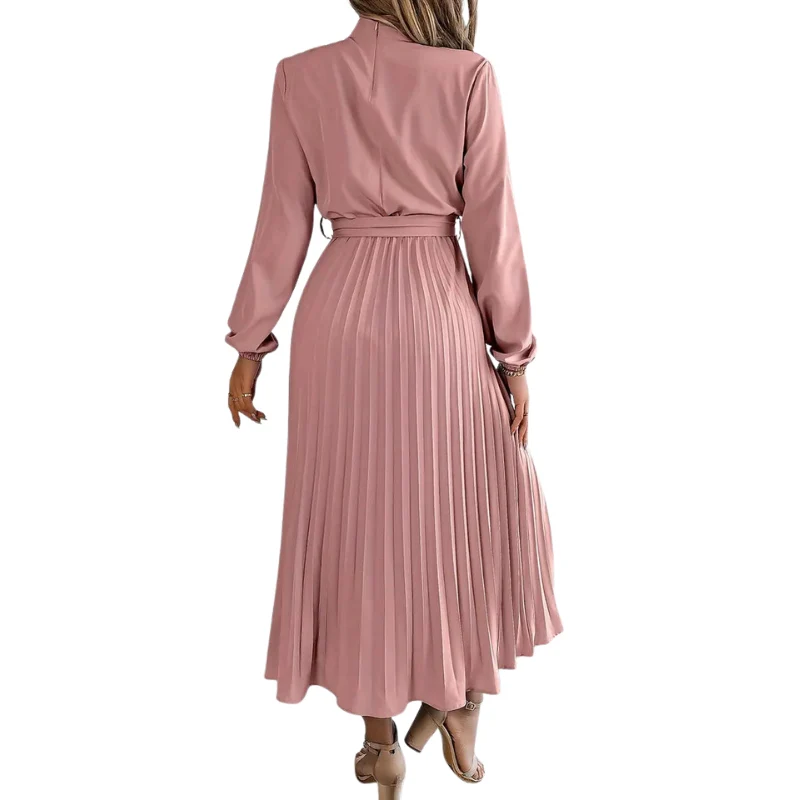 Robe mi-longue plissée manches longues avec taille ceinturée - Image 9