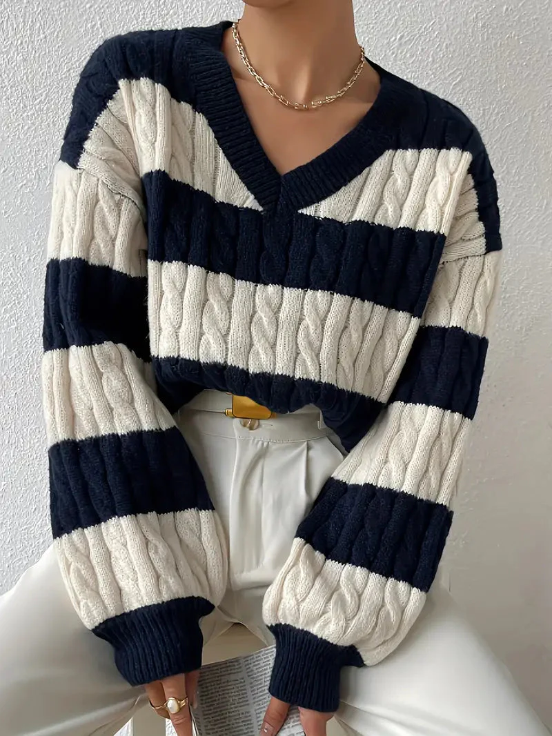 Pull femme à rayures col V - Image 2