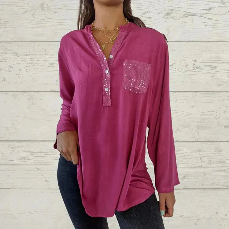 Sandra – Chemise à manches longues et col en V avec poche poitrine